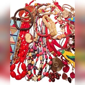 30 Lot Vintage to Now REDS Jewelry Necklaces Pins Earrings Bracelets Boho EDGY